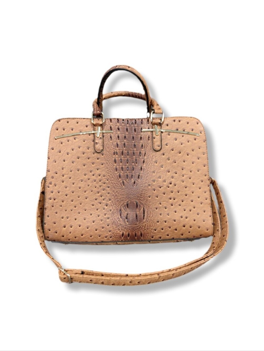 Structured Ostrich-Embossed Satchel Bag in Light Brown